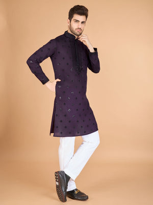 Rajwada Purple Viscose Silk Embellished Stitched Kurta For Men