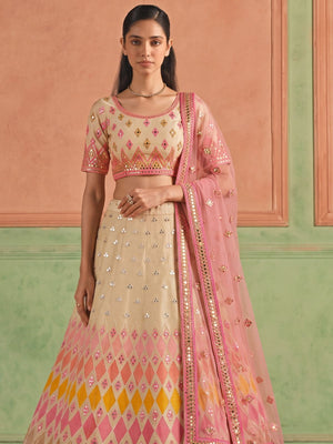 Beige Organza Embroidered Lehenga
