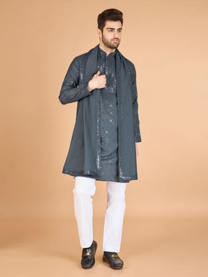 Rajwada Grey Viscose Silk Sequins Stitched Kurta For Men