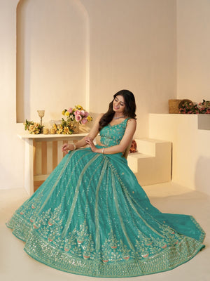 Rajwada Sky Blue Jimmy Choo Embroidered Semi-Stitched Lehenga For Women