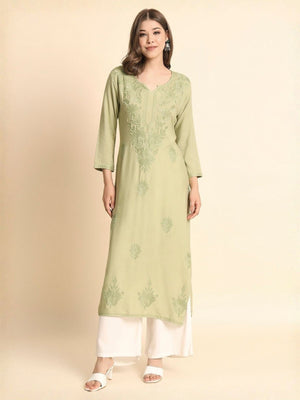Rajwada Pista Green Rayon Embroidered Kurti For Women