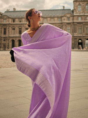 Rajwada Lavender Silk Blend Woven Saree With Unstitched Blouse For Women