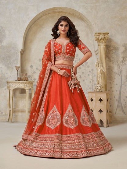 Rajwada Orange Silk Blend Embroidered Semi-Stitched Lehenga For Women
