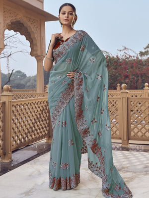Rajwada Dusty Teal Georgette Embellished Elegant Saree For Women