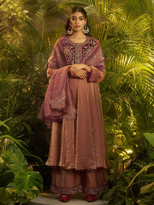 Rajwada Dusty Wine Organza Embroidered Kurta Set For Women