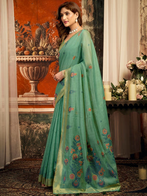 Rajwada Sage Green Cotton Blend Solid Saree For Women