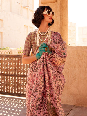 Rajwada Pink Tissue Printed Saree With Unstitched Blouse For Women
