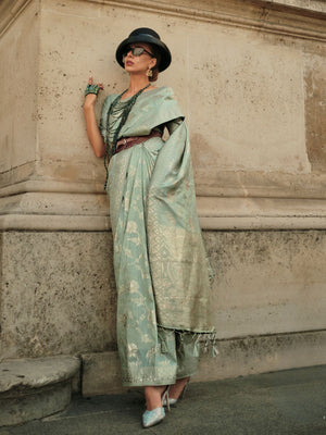 Rajwada Sea Green Silk Blend Woven Saree With Unstitched Blouse For Women