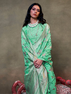 Rajwada Green Silk Blend Woven Saree With Unstitched Blouse For Women