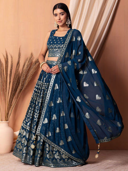 Rajwada Blue Georgette Embellished Semi-Stitched Lehenga For Women