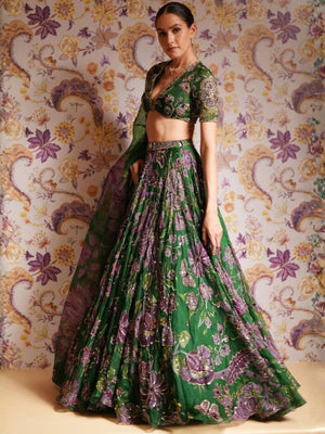 Rajwada Green Georgette Embellished Semi Stitched Lehenga For Women