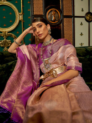 Rajwada Light Pink Silk Blend Woven Saree With Unstitched Blouse for Women