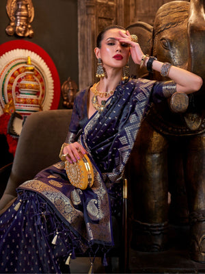 Rajwada Navy Blue Satin Woven Saree With Unstitched Blouse For Women