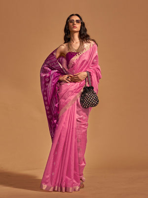 Rajwada Light Pink Silk Blend Woven Saree With Unstitched Blouse For Women