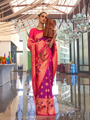 Rajwada Pink Silk Blend Woven Saree With Unstitched Blouse for Women