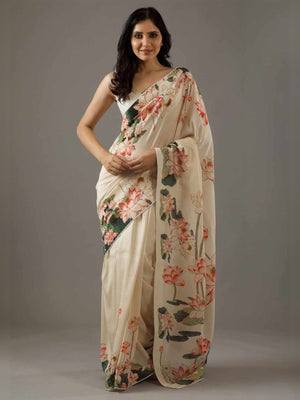 Rajwada Cream Georgette Lotus Printed Saree With Unstitched Blouse For Women