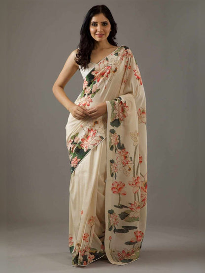 Rajwada Cream Georgette Lotus Printed Saree With Unstitched Blouse For Women