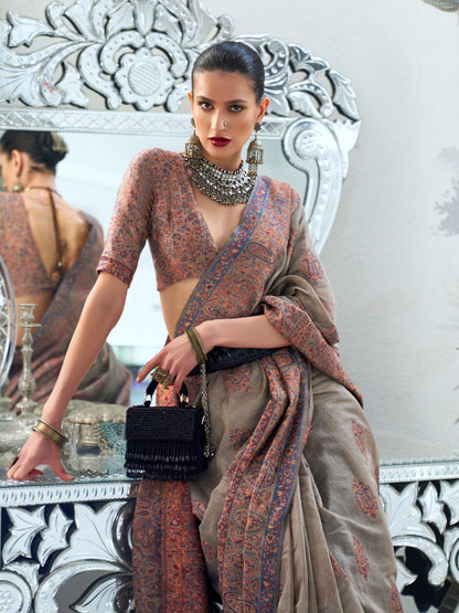 Rajwada Grey Silk Blend Woven Saree With Unstitched Blouse For Women