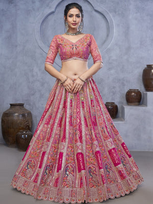 Rajwada Pink Organza Embellished Semi-Stitched Lehenga With Unstitched Blouse For Women