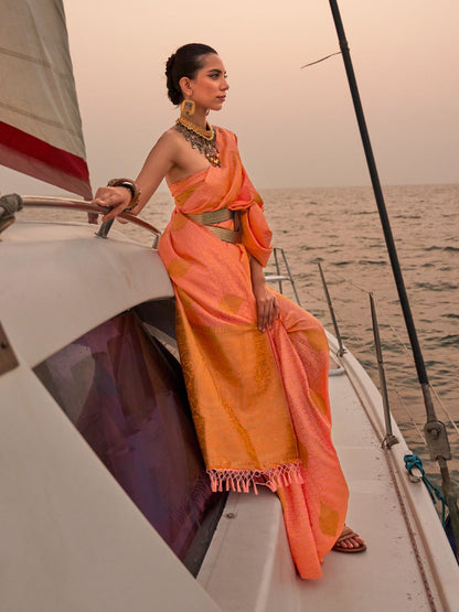 Rajwada Peach Satin Woven Saree With Unstitched Blouse for Women