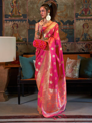 Rajwada Pink Silk Blend Woven Saree With Unstitched Blouse for Women