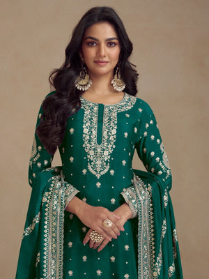 Rajwada Green Silk Blend Embroidered Semi-Stitched Kurta Set For Women