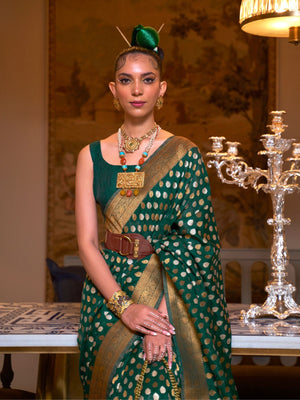 Rajwada Green Silk Blend Woven Saree With Unstitched Blouse for Women
