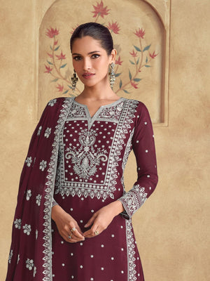 Rajwada Maroon Georgette Embroidered Semi-Stitched Kurta Set For Women