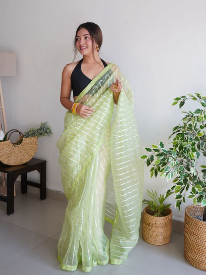Rajwada Light Green Organza Lace Work Saree With Unstitched Blouse For Women