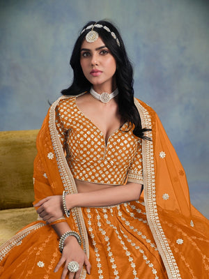 Rajwada Orange Art Silk Embellished Semi-Stitched lehenga For Women