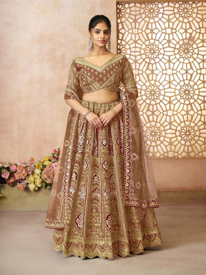 Rajwada Brown Banarasi Silk Embroidered Semi-Stitched Lehenga For Women