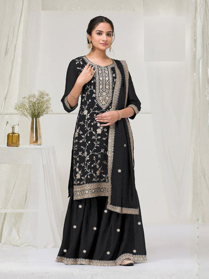 Rajwada Black Silk Blend Embroidered Semi-Stitched Kurta Set For Women