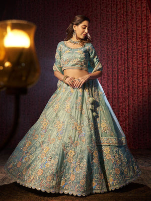 Rajwada Blue Organza Embroidered Semi-Stitched Lehenga For Women