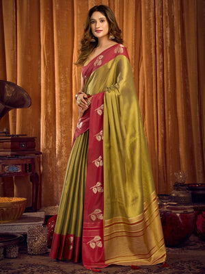 Rajwada Olive Green And Maroon Silk Blend Solid Saree For Women