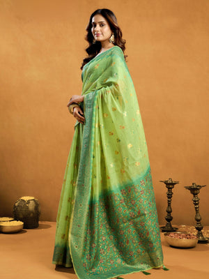 Rajwada Light Green Cotton Blend Solid Saree For Women