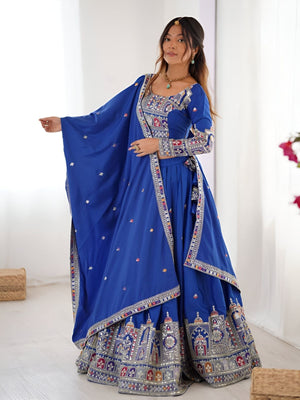 Rajwada Royal Blue Silk Blend Embroidered Semi-Stitched lehenga For Women