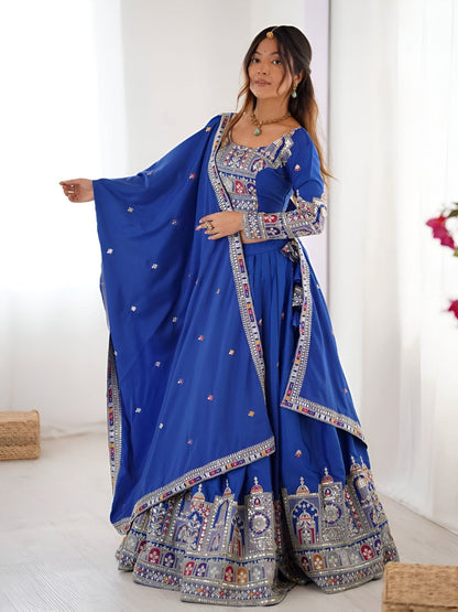 Rajwada Royal Blue Silk Blend Embroidered Semi-Stitched lehenga For Women