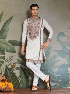 Rajwada White Viscose Silk Embroidered Stitched Kurta For Men