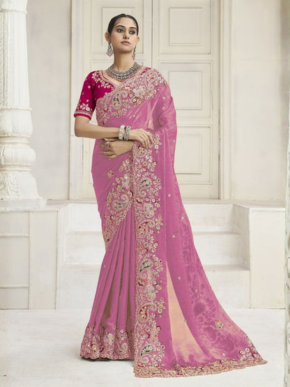Rajwada Light Pink Satin Embroidered Saree For Women