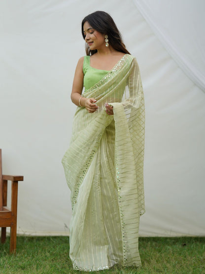 Rajwada Light Green Organza Mirror Work Saree With Unstitched Blouse For Women