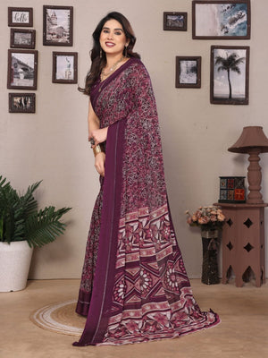 Rajwada Wine Georgette Printed Saree For Women