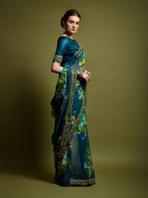 Rajwada Teal Blue Georgette Embroidered Printed Saree For Women