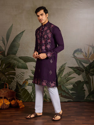 Rajwada Purple Silk Blend Embroidered Stitched Kurta For Men