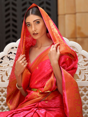 Rajwada Pink Silk Blend Wooven Saree with Unstitched Blouse for Women