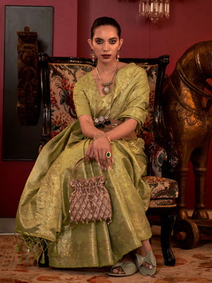 Rajwada Green Silk Blend Woven Saree With Unstitched Blouse For Women