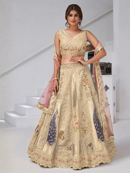 Rajwada Beige Silk Blend Embroidered Semi-Stitched Lehenga For Women