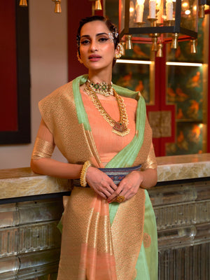 Rajwada Green Linen Woven Saree With Unstitched Blouse for Women