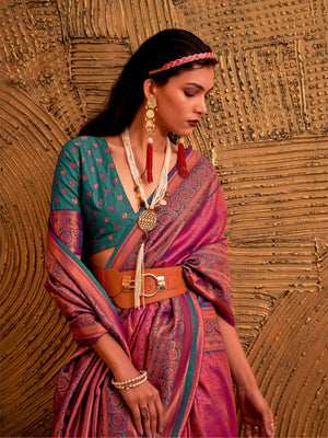 Rajwada Pink Silk Blend Woven Saree With Unstitched Blouse For Women