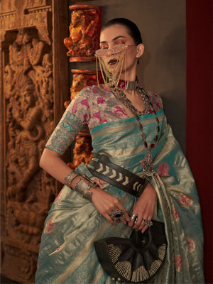 Rajwada Green Silk Blend Woven Saree With Unstitched Blouse For Women