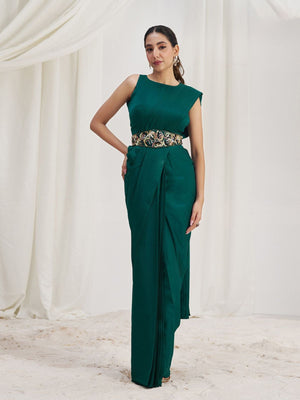 Rajwada Green Organza Solid Ready To Wear Saree With Stitched Blouse For Women